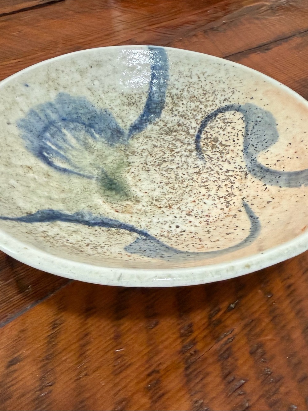 Vintage Hand-Painted Blue & Cream Pottery Decorative Bowl
